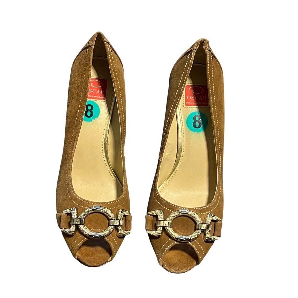 Women's Oscar de la Renta Suede Peep Toe Heels Size 8 Brown Suede Gold Hardware